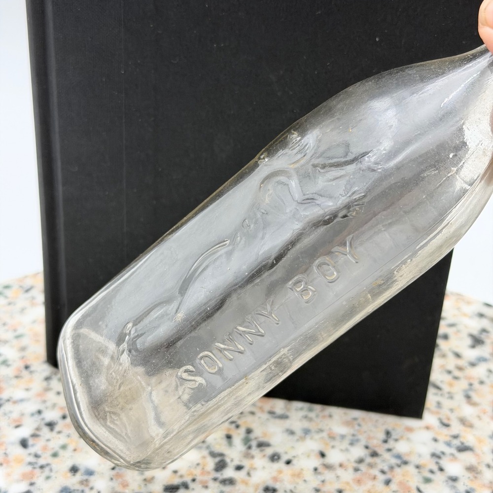 Vintage Sonny Boy Baby Bottle Embossed Glass Crawling Infant 8oz Nursery
